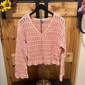 American Eagle Outfitters Salmon Pink V-Neck Open Knit Sweater